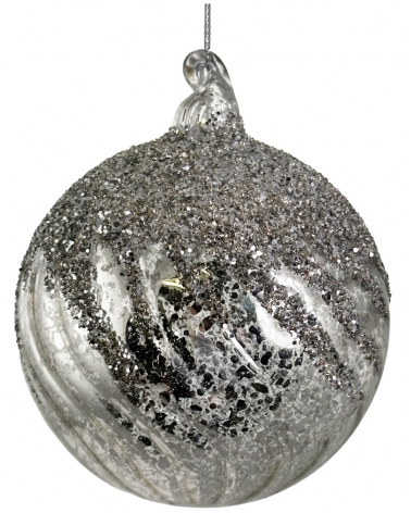 Ozdoba skleněná stříbrná antique se třpytkami 10 cm