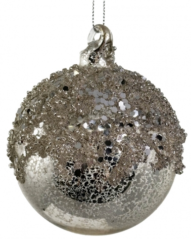 Ozdoba skleněná stříbrná antique s korálky 8 cm