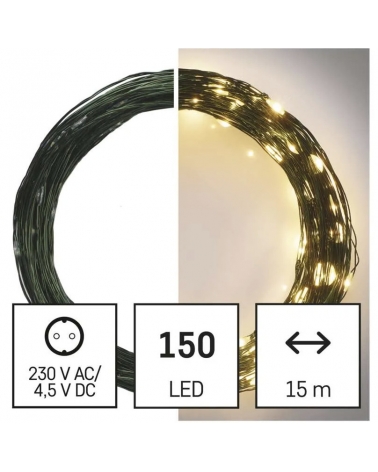 LED Vánoční nano řetěz zelený, 15 m, venkovní i vnitřní, teplá bílá, časovač