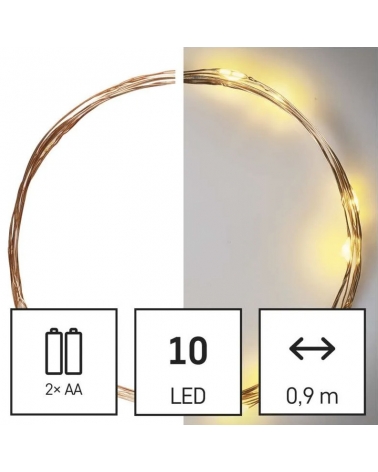 LED Vánoční nano řetěz měděný, 0,9 m, 2 x AA, vnitřní, teplá bílá, časovač