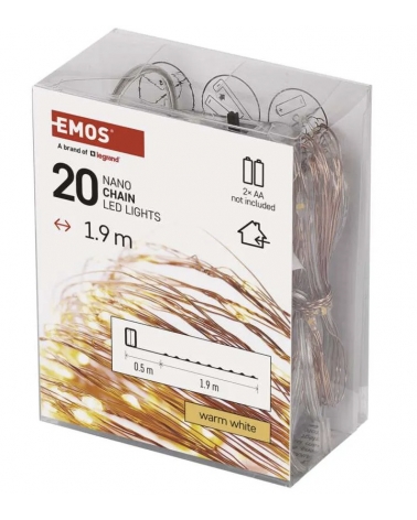 LED Vánoční nano řetěz, 1,9 m, 2 x AA, vnitřní, teplá bílá, časovač