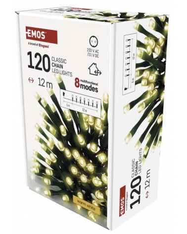 LED Vánoční řetěz, 12 m, venkovní i vnitřní, teplá bílá, programy, časovač