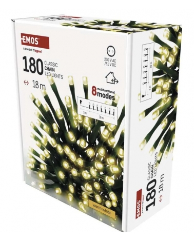 LED Vánoční řetěz, 18 m, venkovní i vnitřní, teplá bílá, programy, časovač