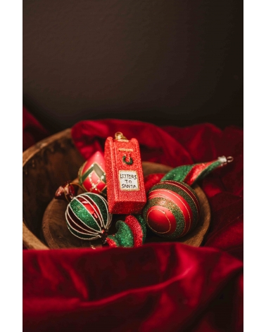 Ozdoba skleněná červeno-zelená se zlatými třpytkami 8 cm