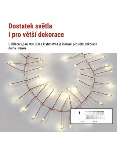LED nano řetěz na cívce, měděný, 9,6 m, venkovní i vnitřní, teplá bílá, časovač