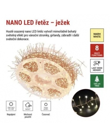 LED nano řetěz na cívce, měděný, 14,4 m, venkovní i vnitřní, teplá bílá, časovač