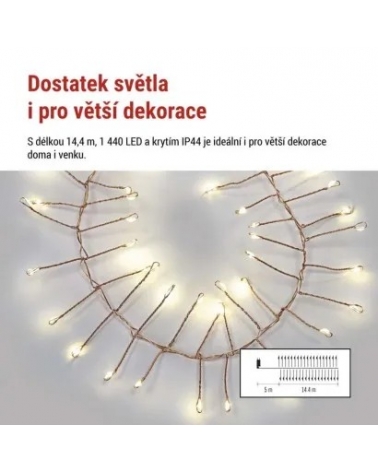 LED nano řetěz na cívce, měděný, 14,4 m, venkovní i vnitřní, teplá bílá, časovač
