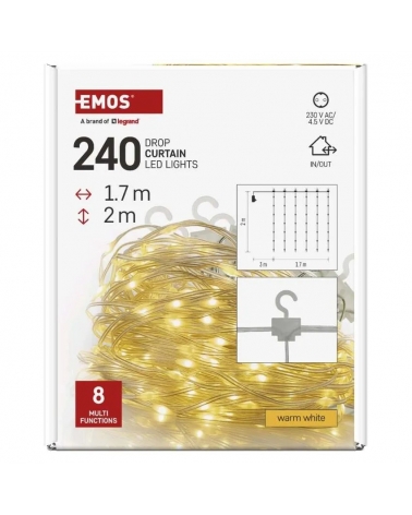 LED vánoční drop řetěz – záclona, 1,7x2 m, 240 LED venkovní i vnitřní, teplá bílá, programy