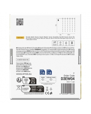 LED vánoční drop řetěz – záclona, 2,9x2 m, 400 LEDvenkovní i vnitřní, teplá bílá, programy