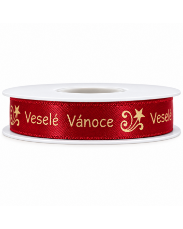 Stuha saténová Veselé Vánoce 15 mm / 20 m červená